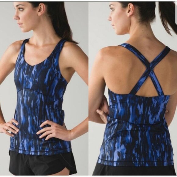 Lululemon Kanto Catch Me Tank Top Size 8 Blue Black Running Workout Cross Back - Picture 1 of 9